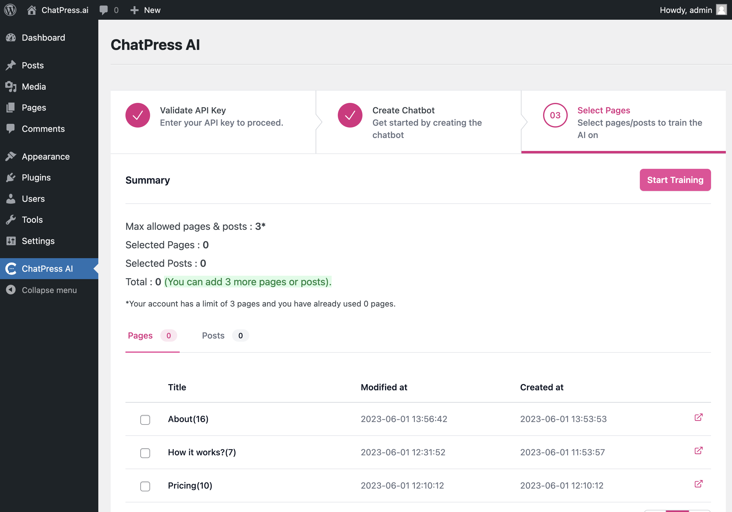 Select public pages or posts that exists within your WordPress site that you want the chatbot to train on..