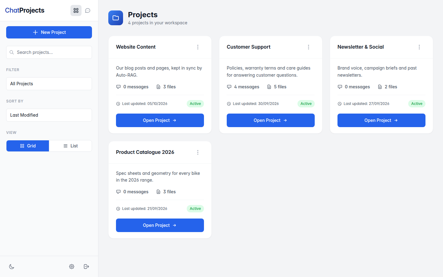 Projects: each project keeps its own documents, instructions and chats.