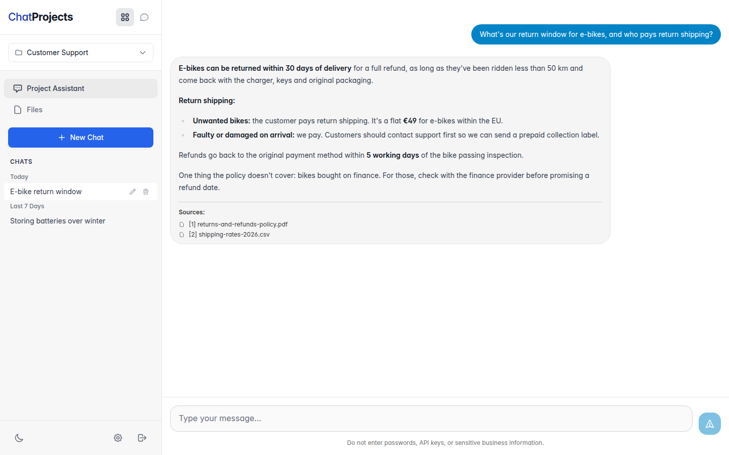 Ask a question and get an answer from your documents, with the files it used.
