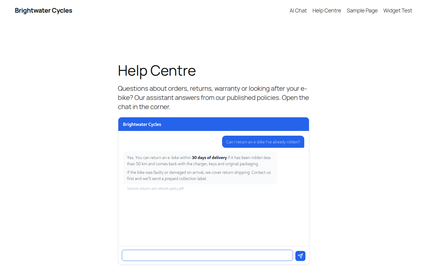 The website chat widget answers visitors from a project's documents.