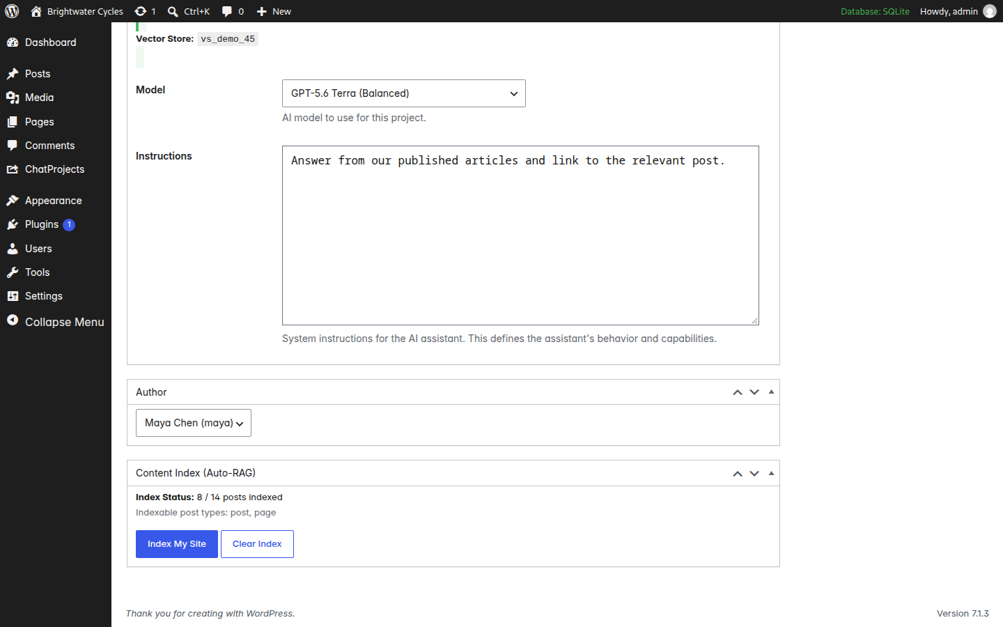 Auto-RAG indexes your posts and pages into a project and keeps them in sync.