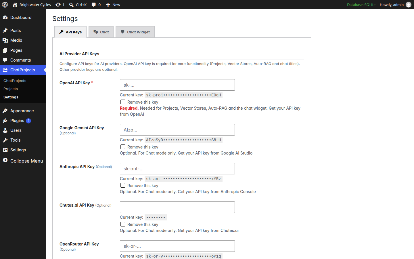 Settings: add your API keys for each provider.