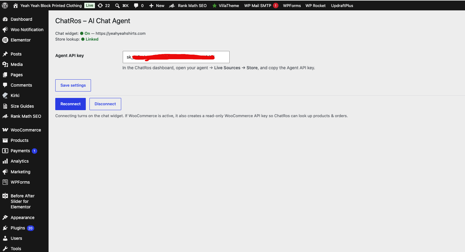 The ChatRos settings screen after connecting, showing the widget on and store lookup linked.