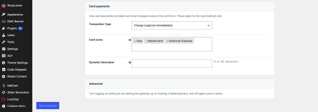 Card payment settings: charge or authorize, card brand icons, dynamic descriptor and the debug log.