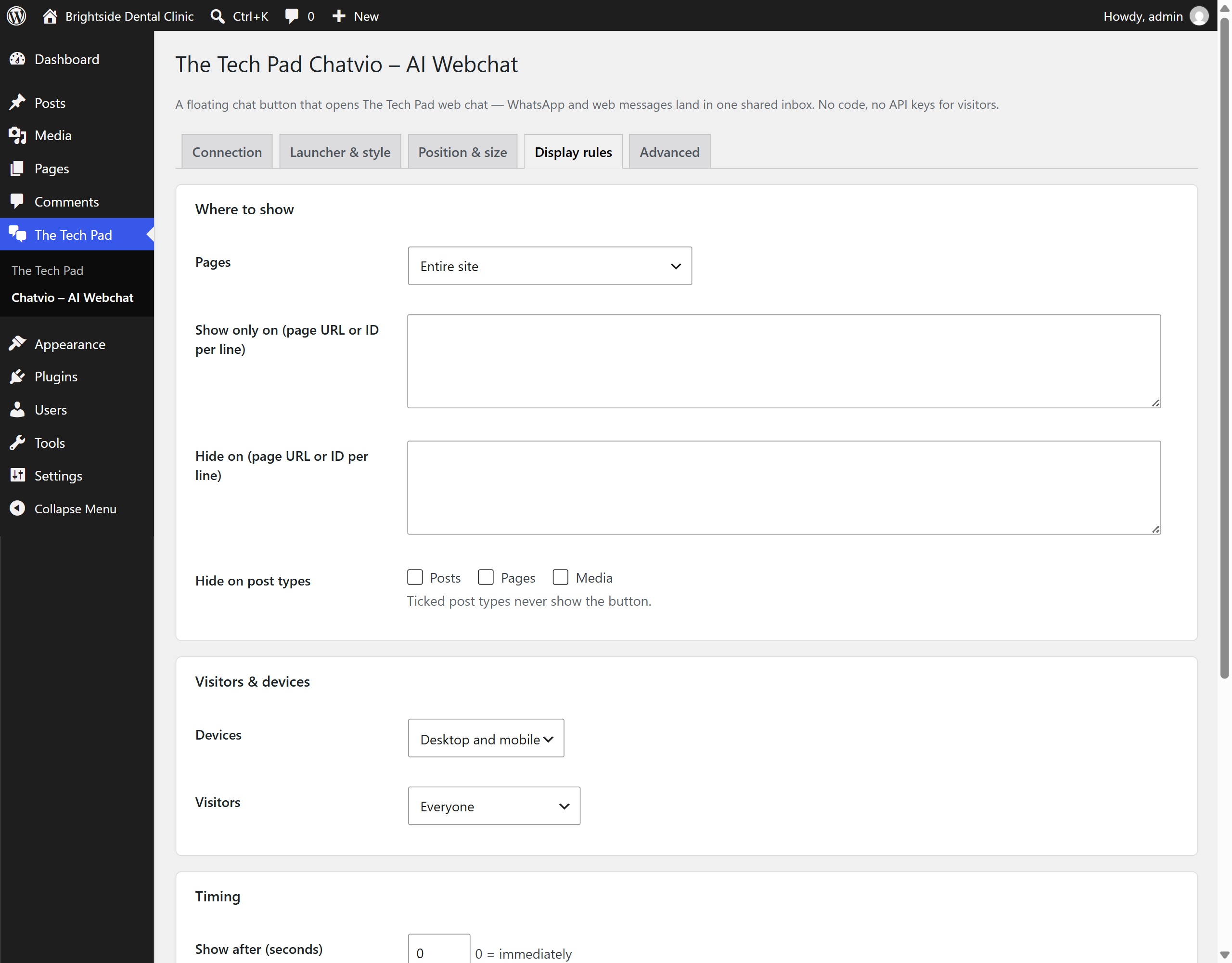 Display rules: pages, post types, devices, visitors and business hours.