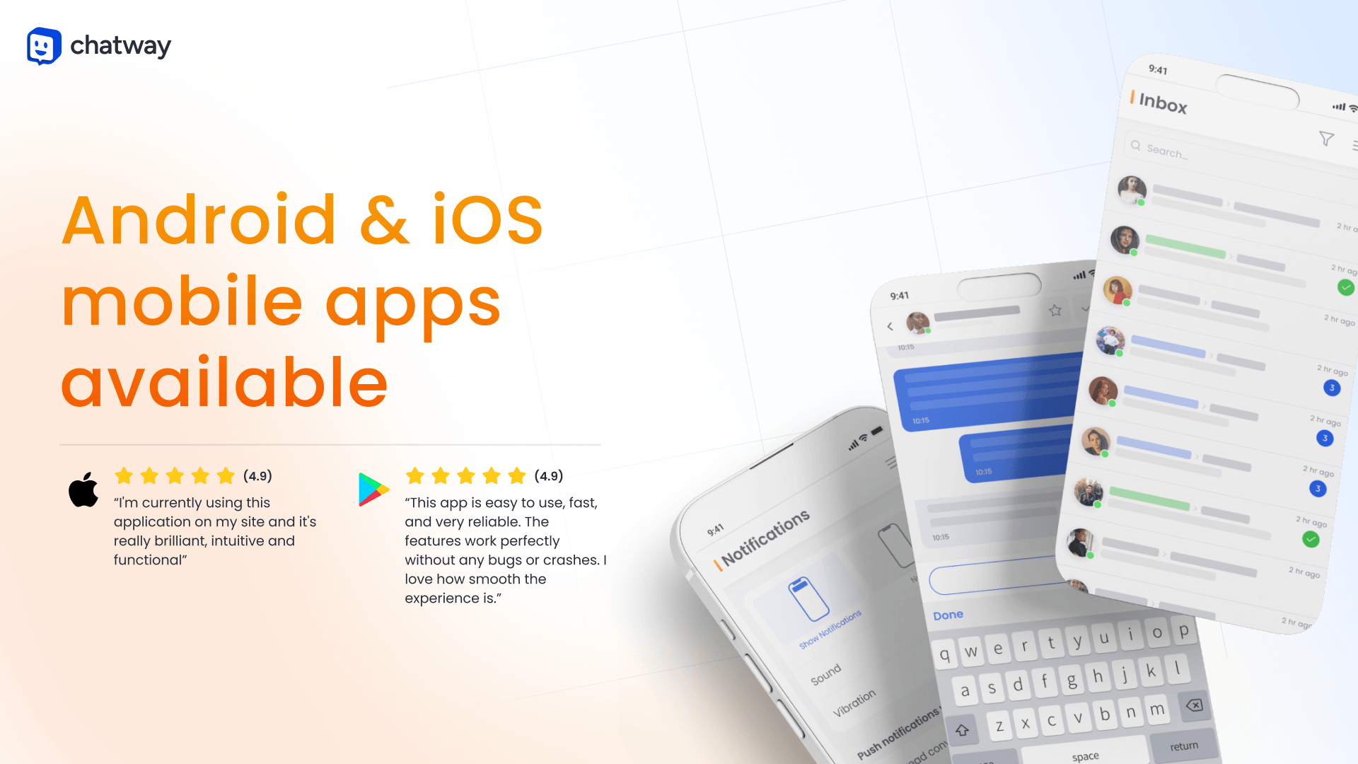 Download our iOS and Android apps and live chat with your website's visitors on the go