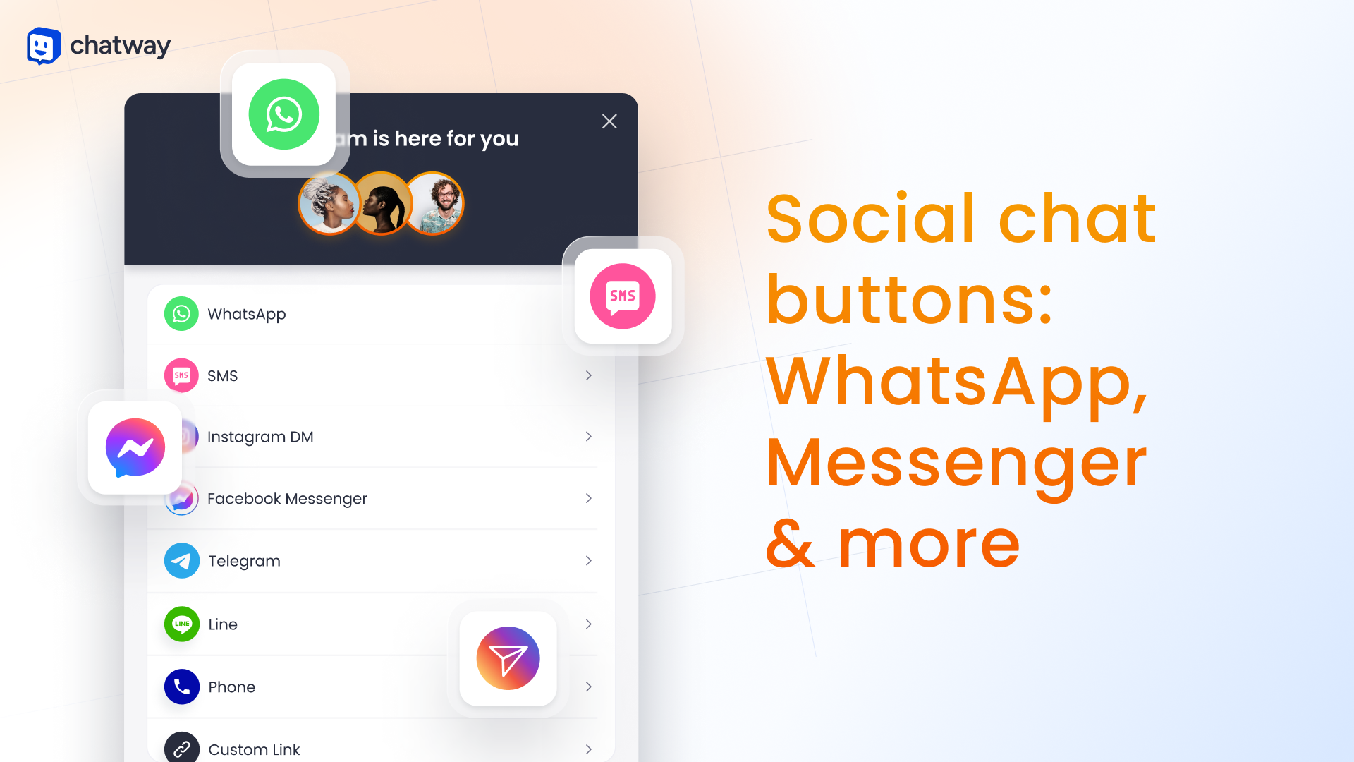 Social chat buttons like WhatsApp, Facebook Messenger, Instagram, SMS text, Telegram, click to call, Line, and any custom link