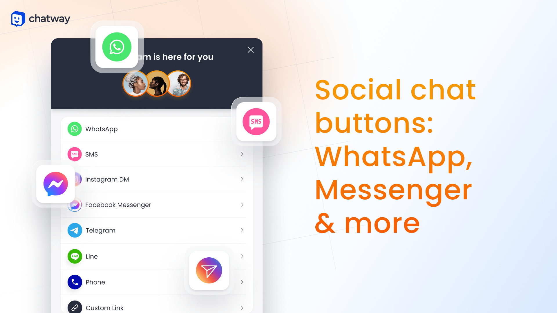 Social chat buttons like WhatsApp, Facebook Messenger, Instagram, SMS text, Telegram, click to call, Line, Email, TikTok, WeChat, Discord, Google Maps, Waze, and any custom link