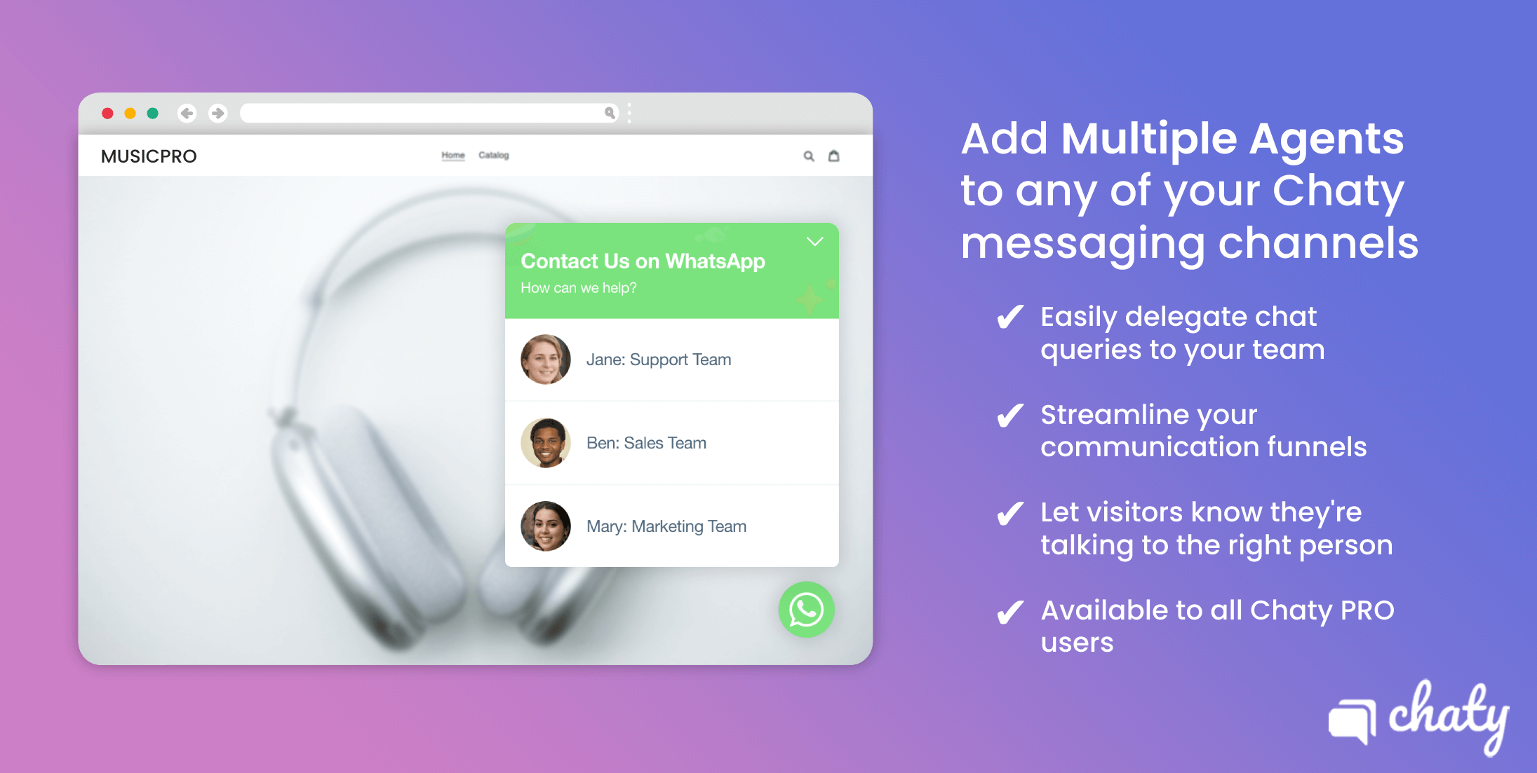 Add agents to your chat widgets (for example 3 WhatsApp chat agents)