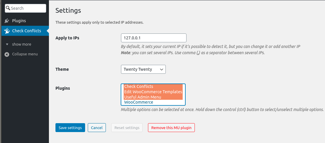 Settings page