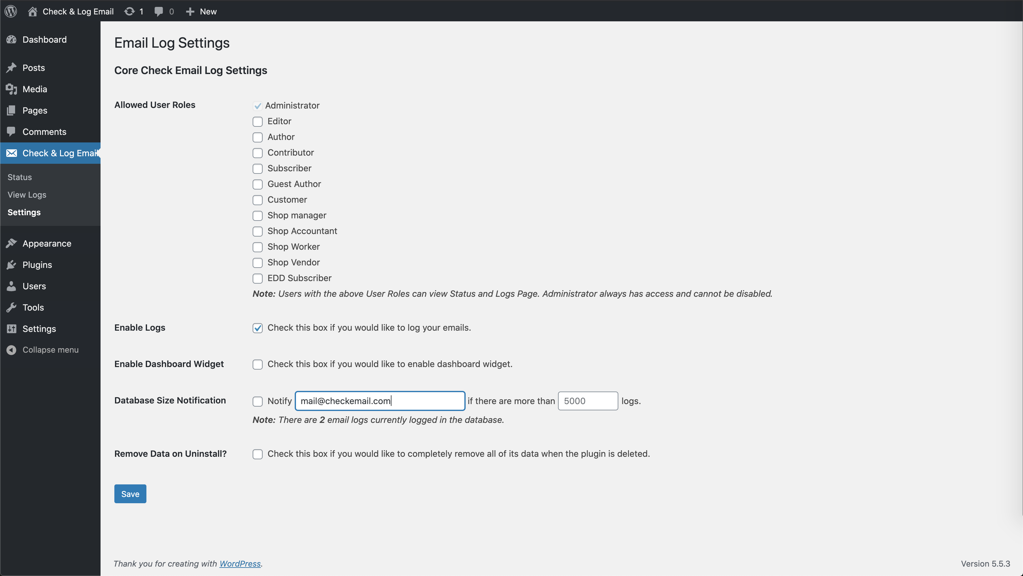 Check &amp; Log Email - Settings