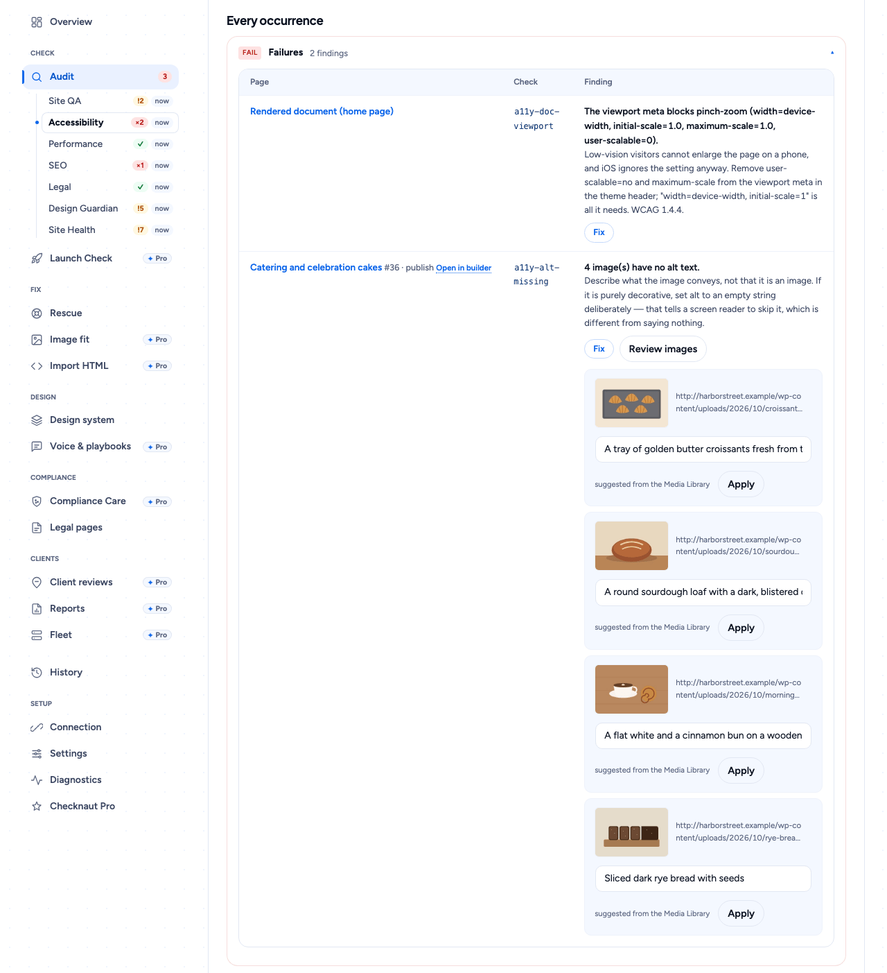 Accessibility: each finding names the page, the rule and the fix; alt text is suggested from the Media Library.