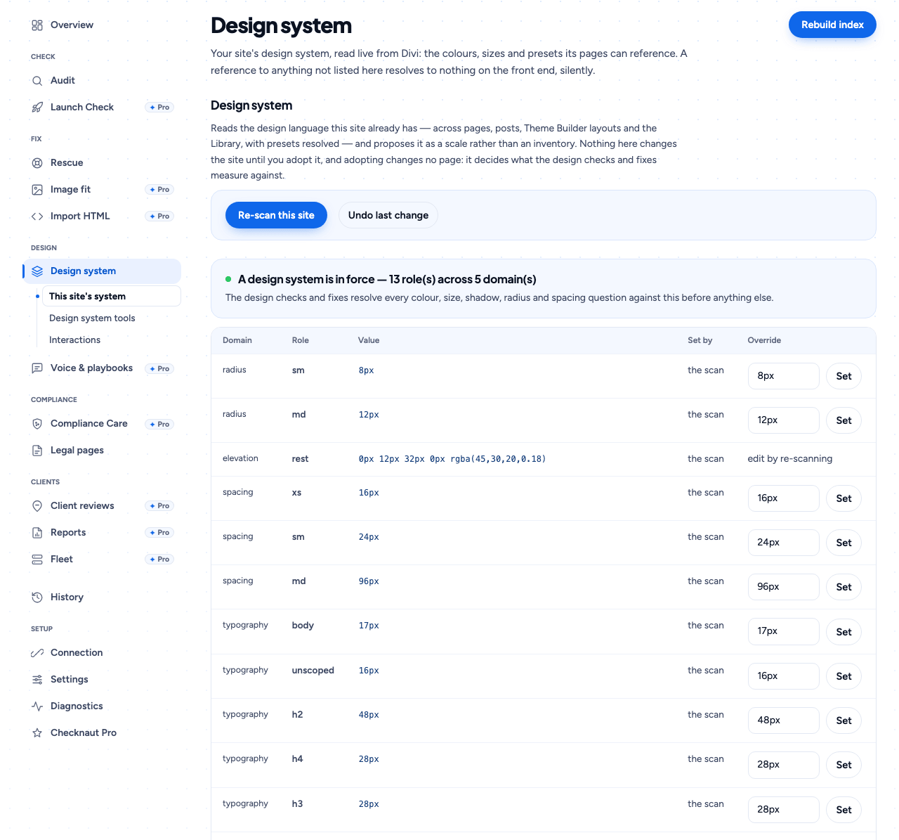 Design: the system your pages already use, adopted from a scan. Override its values.
