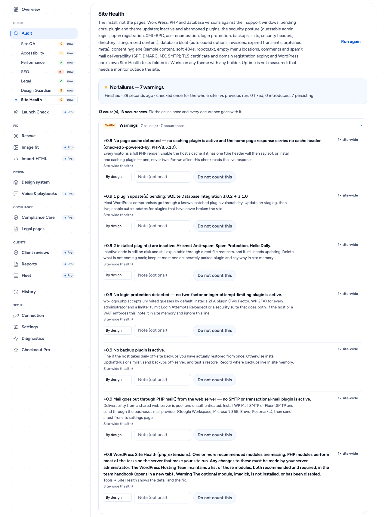 Site Health: the install itself, with the fix for each finding.