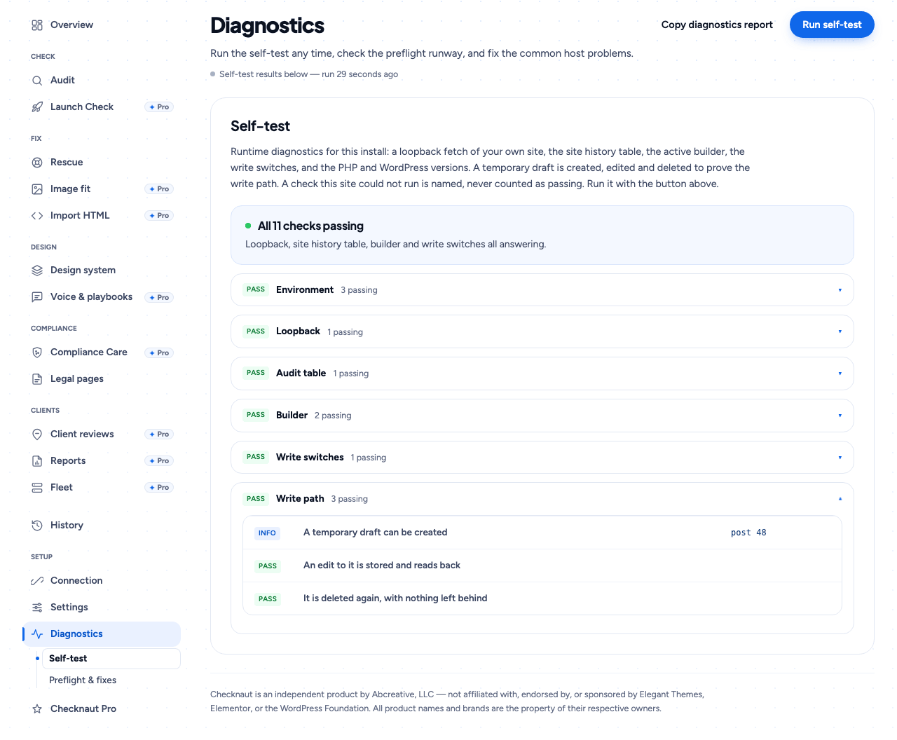 Diagnostics: the self-test, run on your own install.