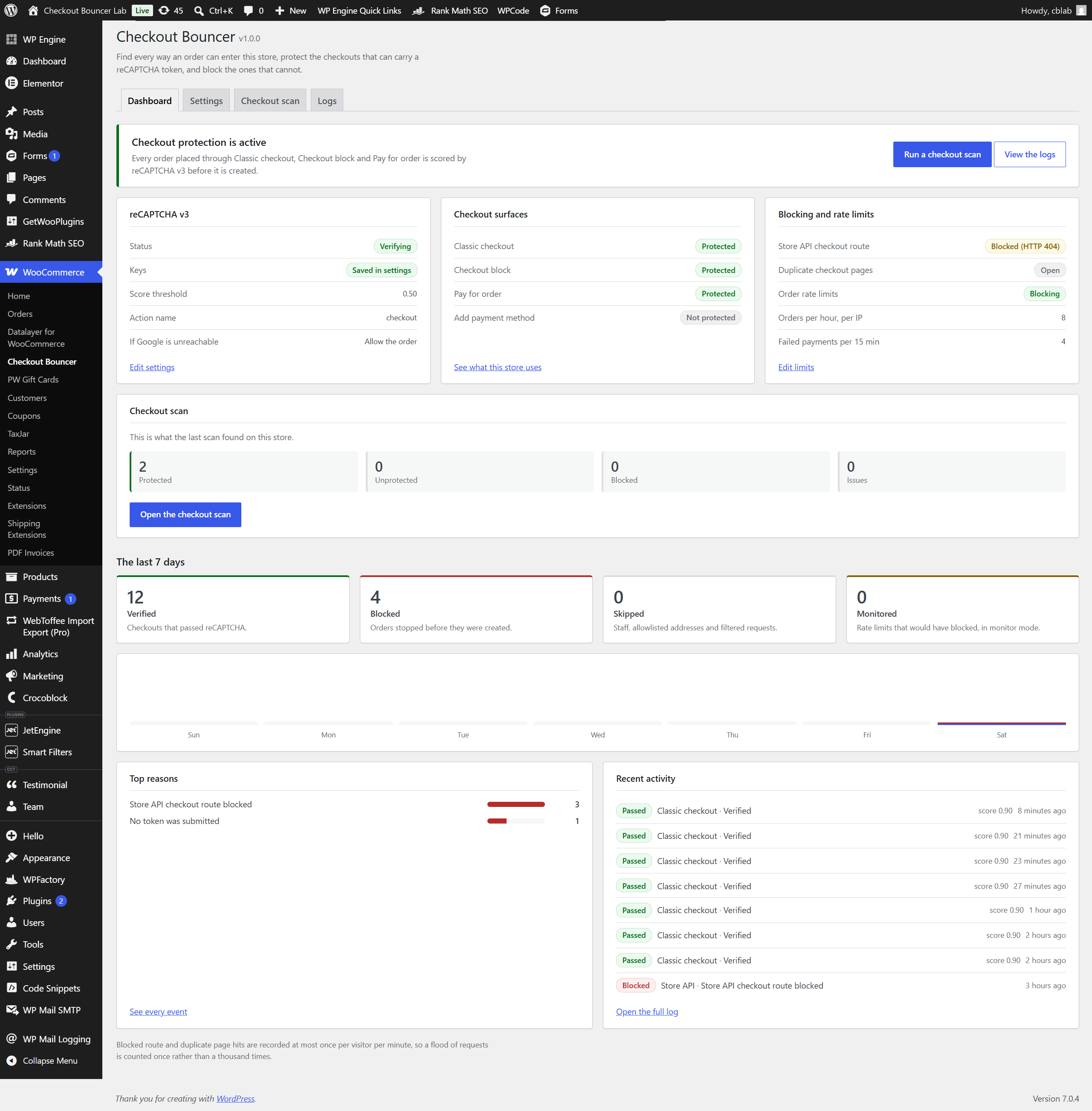 Dashboard — status cards showing whether protection is live, whether your keys are saved and which checkout surfaces are covered, plus seven-day tiles broken down by verdict, the top reasons orders were blocked, and quick links into the scanner and the log.