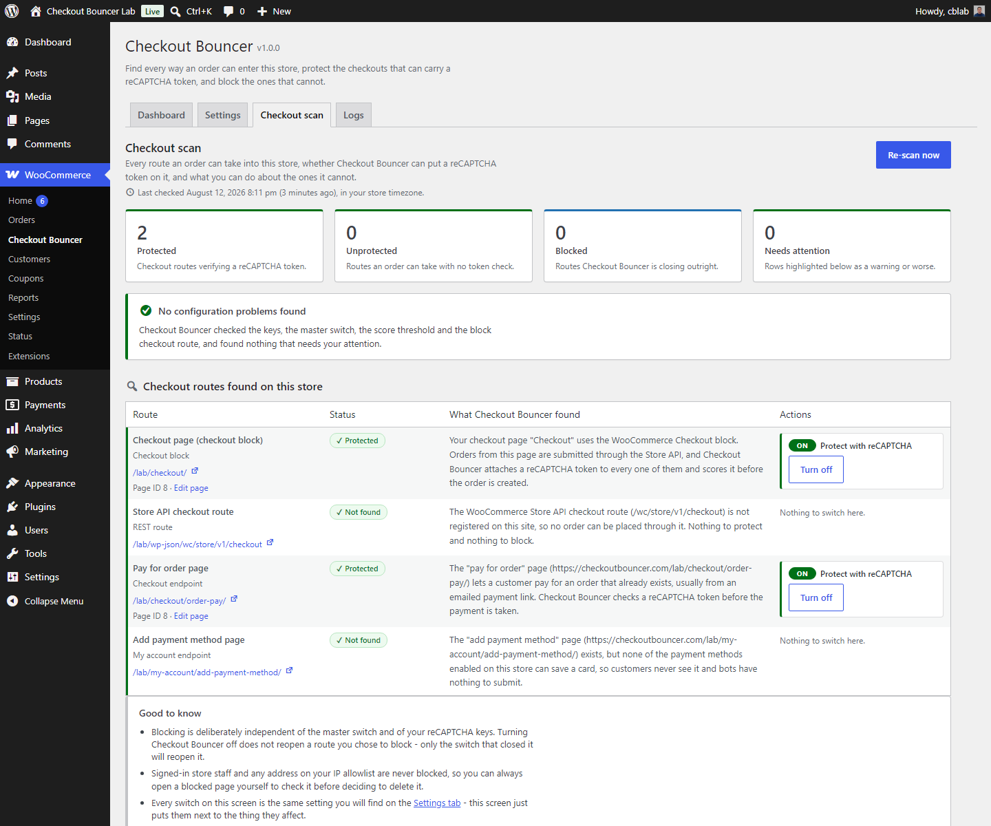 Checkout scanner — the headline feature. One row per surface Checkout Bouncer found: the checkout page and how it is rendered, the Store API route, pay-for-order, add-payment-method and every rogue duplicate checkout page on the site, each with a plain-English explanation of what was found, a severity, and one-click Protect or Block actions.