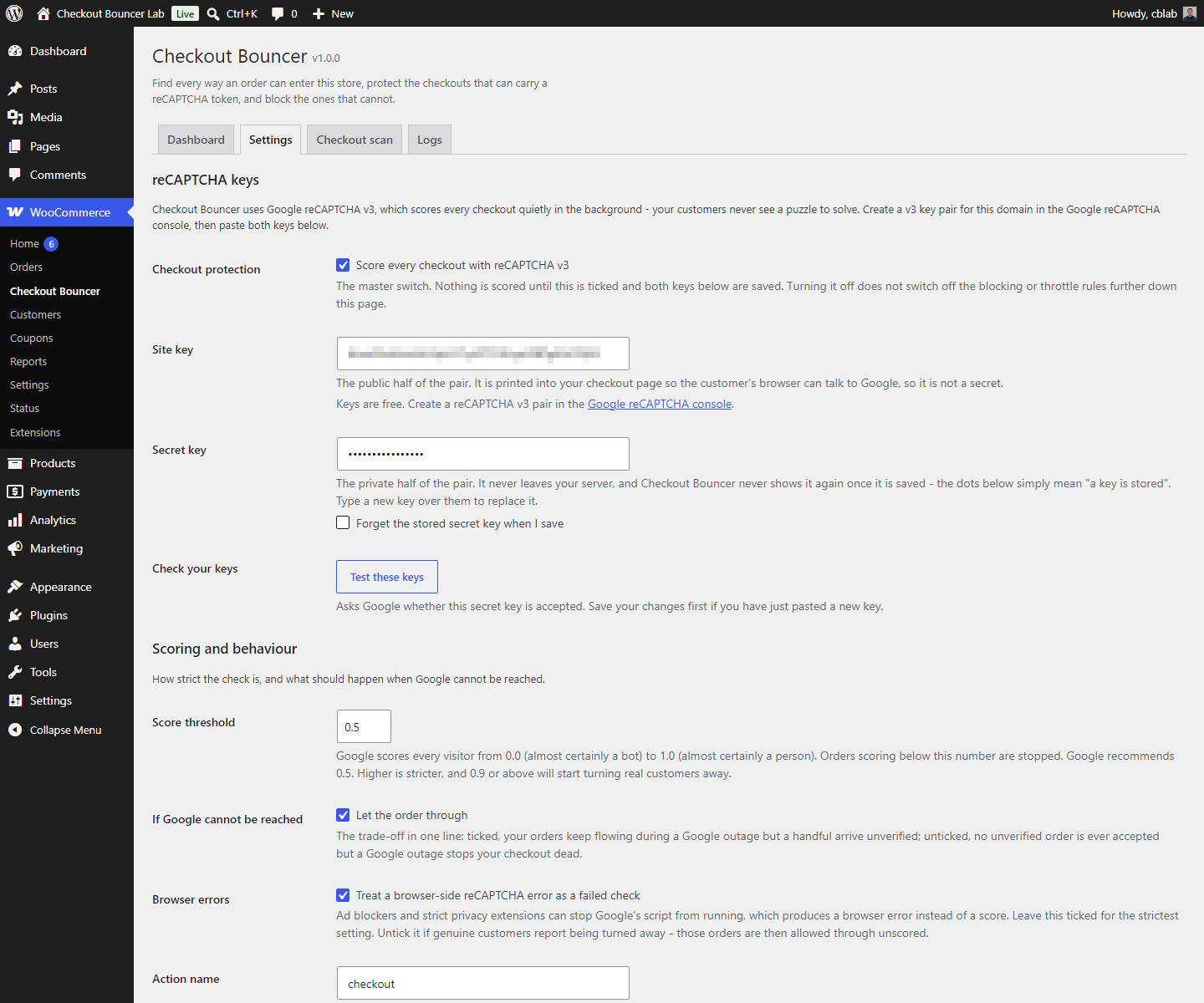 Settings — reCAPTCHA keys with a "Test keys" button that validates your secret against Google, score threshold and fail-open behaviour, per-surface protection switches, per-gateway targeting, blocking options, the order-rate rules with monitor mode, staff roles and the IP allowlist.