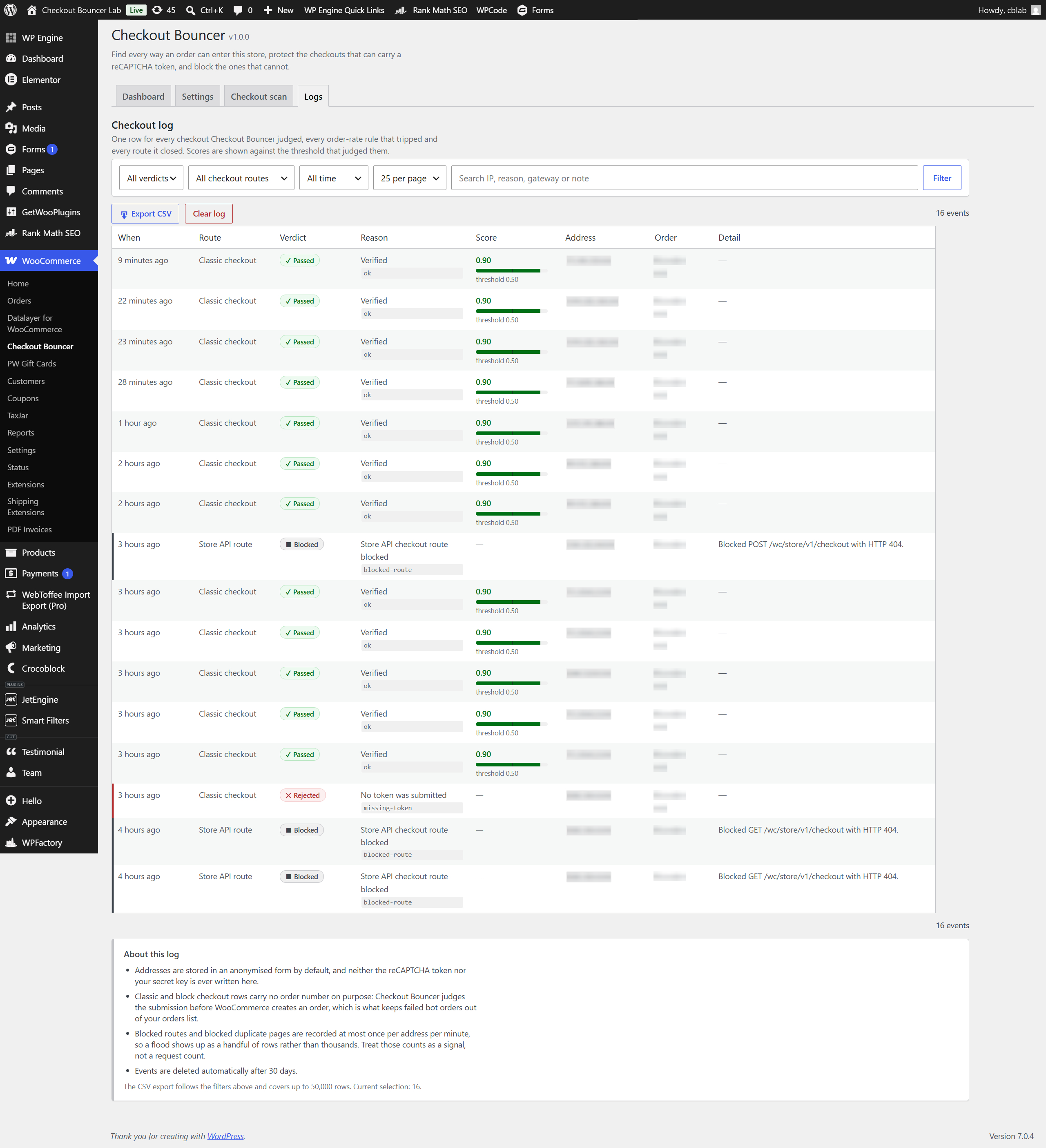 Logs — every verification, throttle trip and block, newest first, with verdict, surface, reason, score, anonymised IP, gateway and linked order where one exists. Filter by verdict, surface, reason, date range or free text, then export exactly that selection to CSV.