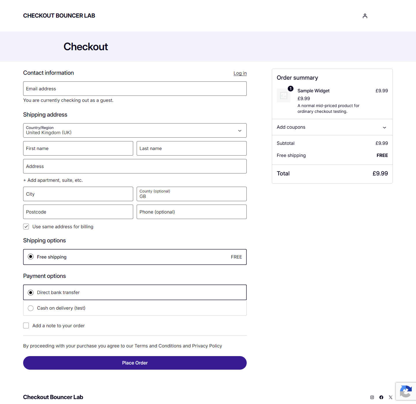Front-end checkout — what your customers see: nothing. No checkbox, no puzzle, no extra click. Just the reCAPTCHA badge, or the required attribution sentence under the place-order button if you have chosen to hide it.