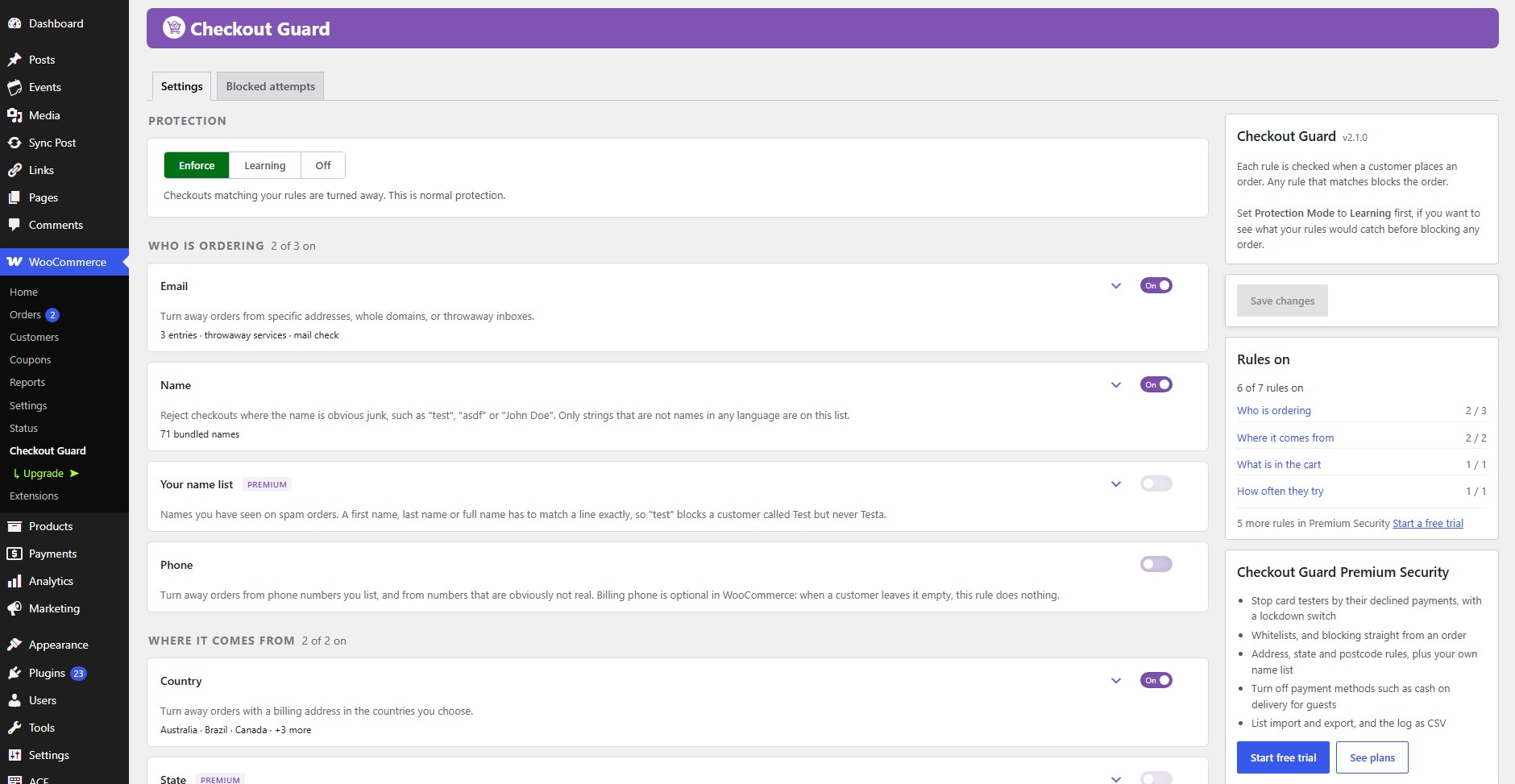 Protection mode and every rule on one screen. Each rule shows what it is set to; Save stays in view, and the sidebar counts the rules switched on.
