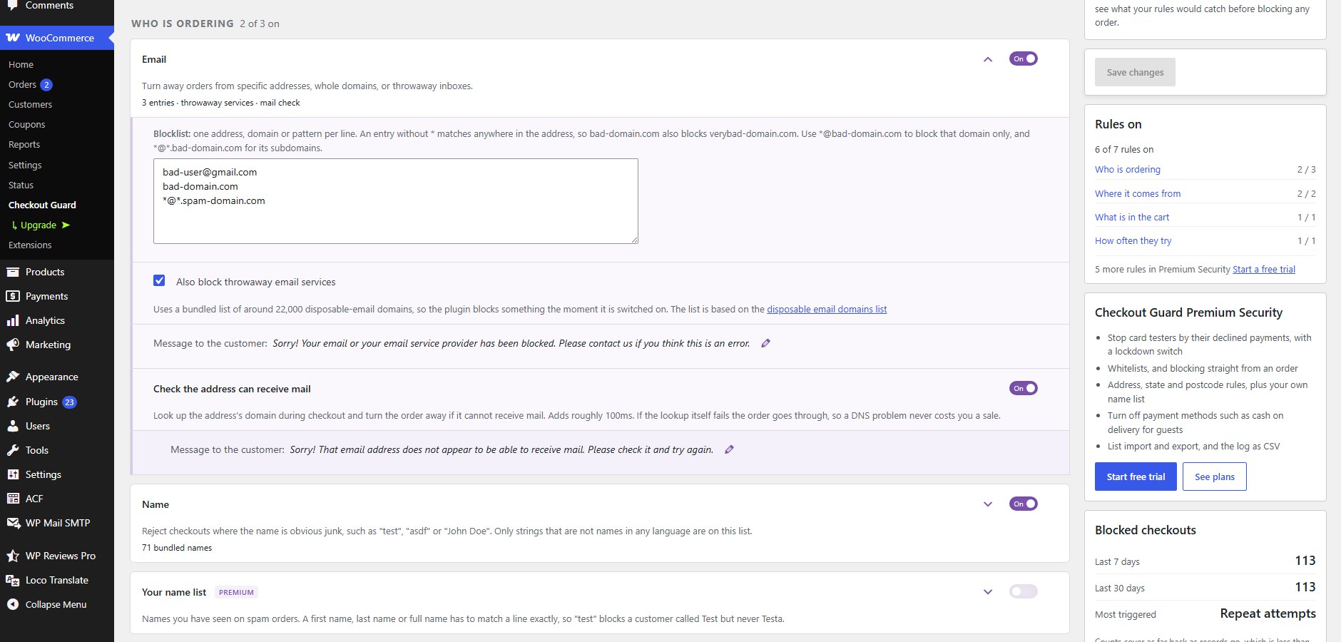 The email rule opened: blocked addresses and domains, the bundled list of throwaway services, and the mail check.