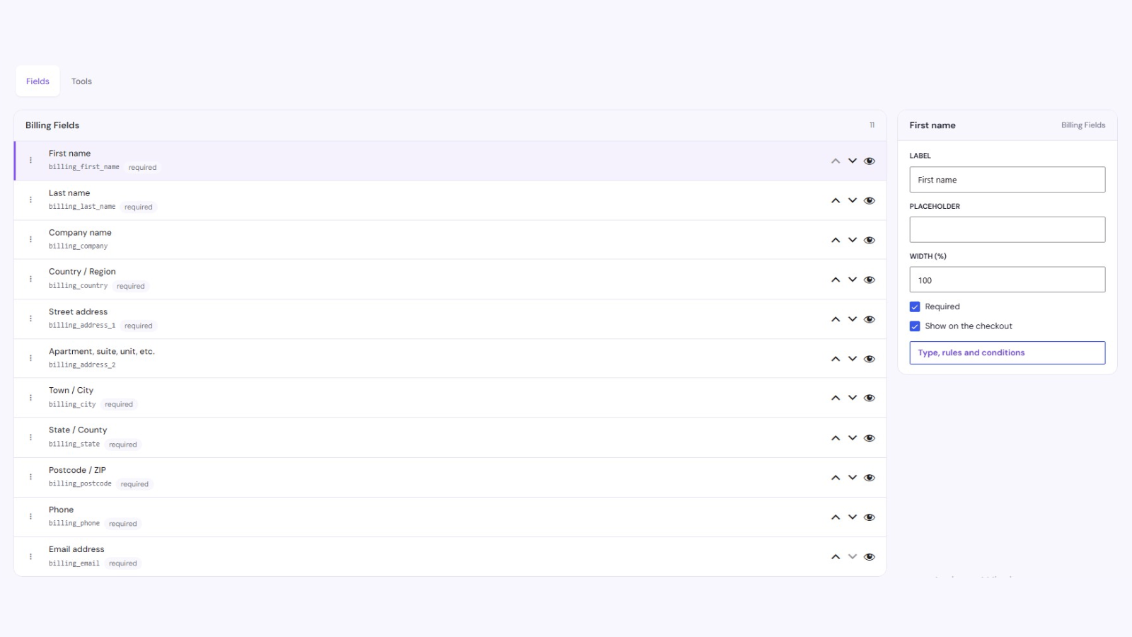 The field editor, with fields grouped by section and reordered by dragging