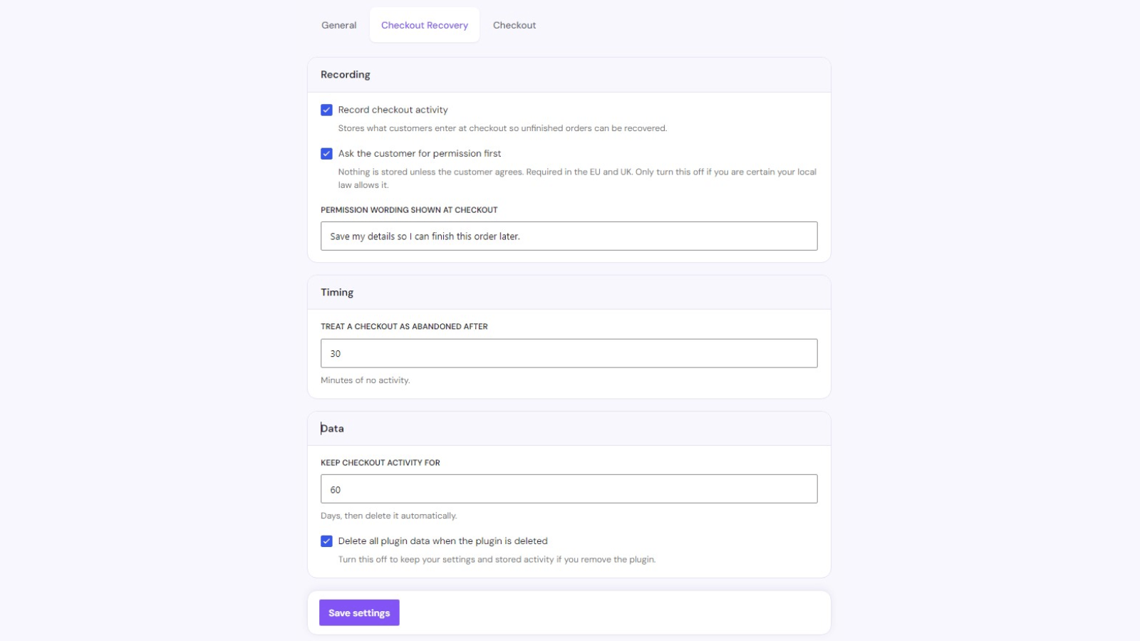 Recovery settings, including recording, consent, abandonment timing, and retention