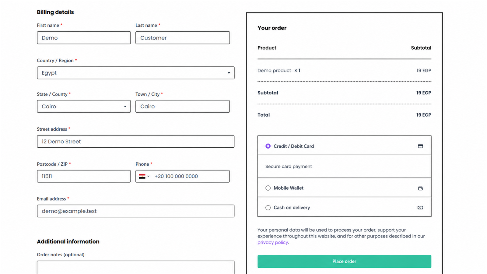 The checkout, with field widths laid out on a responsive grid