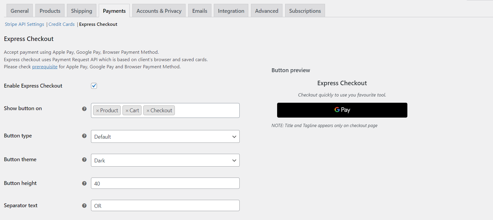 Express Checkout - Admin Settings