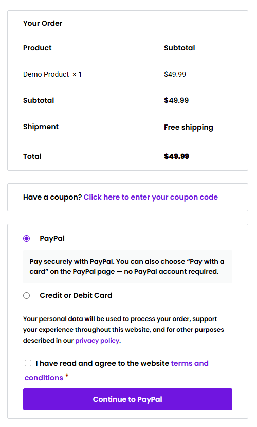 Offer PayPal and Stripe-hosted card payments directly from WooCommerce checkout.