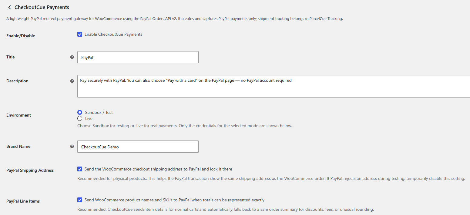 Configure PayPal Sandbox or Live mode, checkout branding, shipping-address handling, and detailed line items.