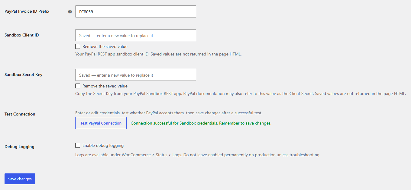 Store PayPal credentials securely, remove or replace saved values, and test the connection before accepting payments.