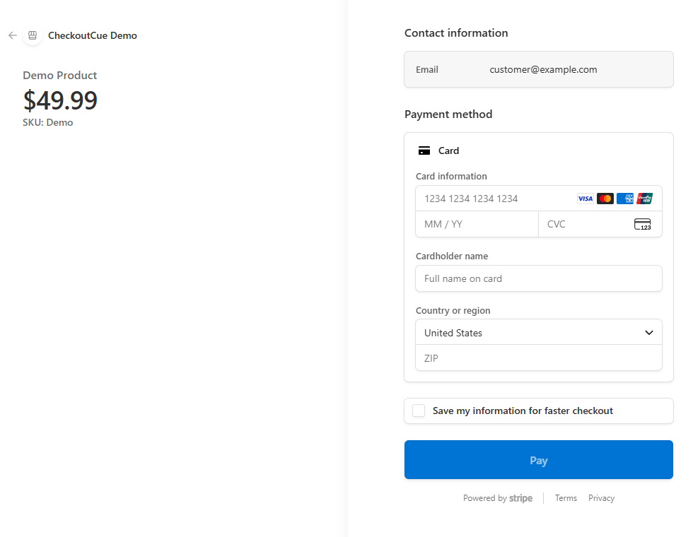 Stripe-hosted Checkout displays WooCommerce product details and keeps card entry on Stripe.