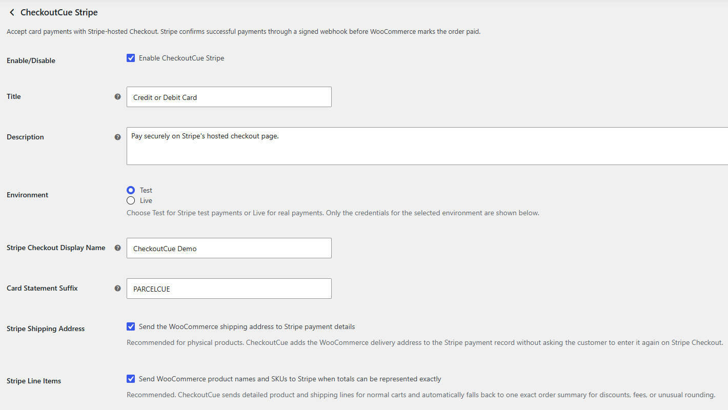 Configure Stripe Test or Live mode, Checkout branding, statement suffix, shipping details, and line items.