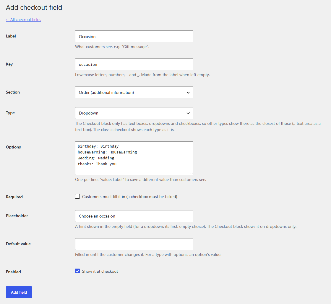 Adding a field: text, text area, dropdown or checkbox, in the contact, address or order section, with options, a placeholder and a default.