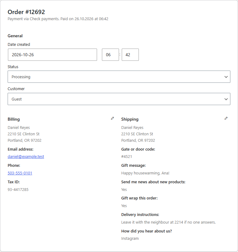 The answers on the order screen. They're also listed on the order confirmation, in My Account and in WooCommerce's order emails.