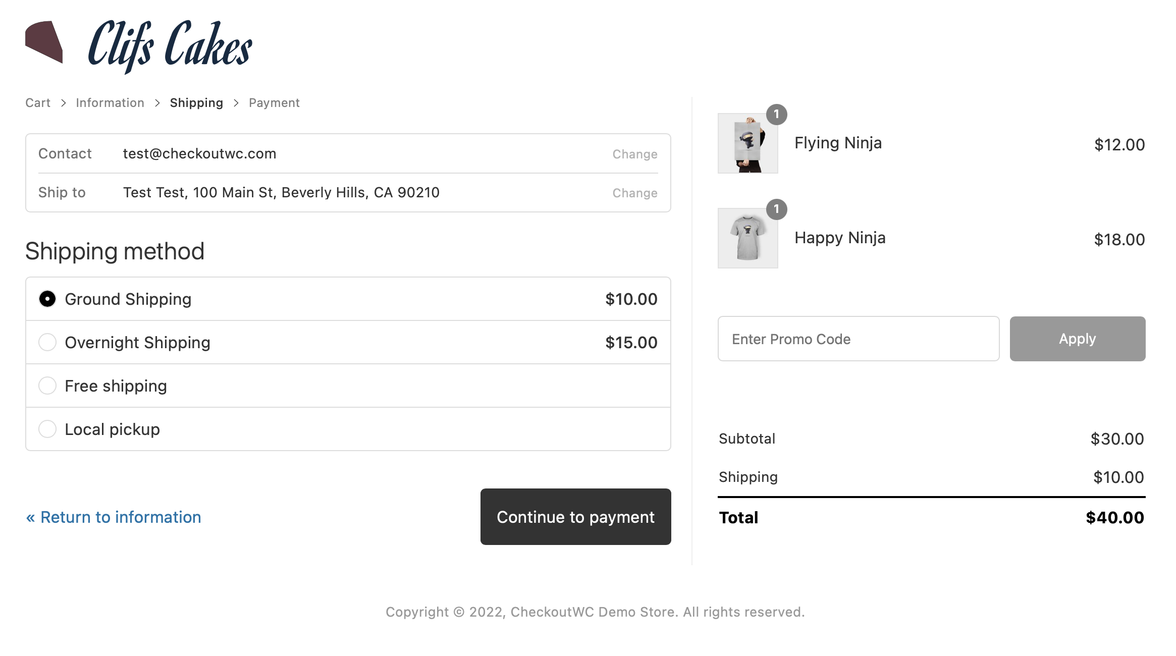 The second checkout step lets customers choose their shipping method. (For shipped orders - skipped for digital orders)