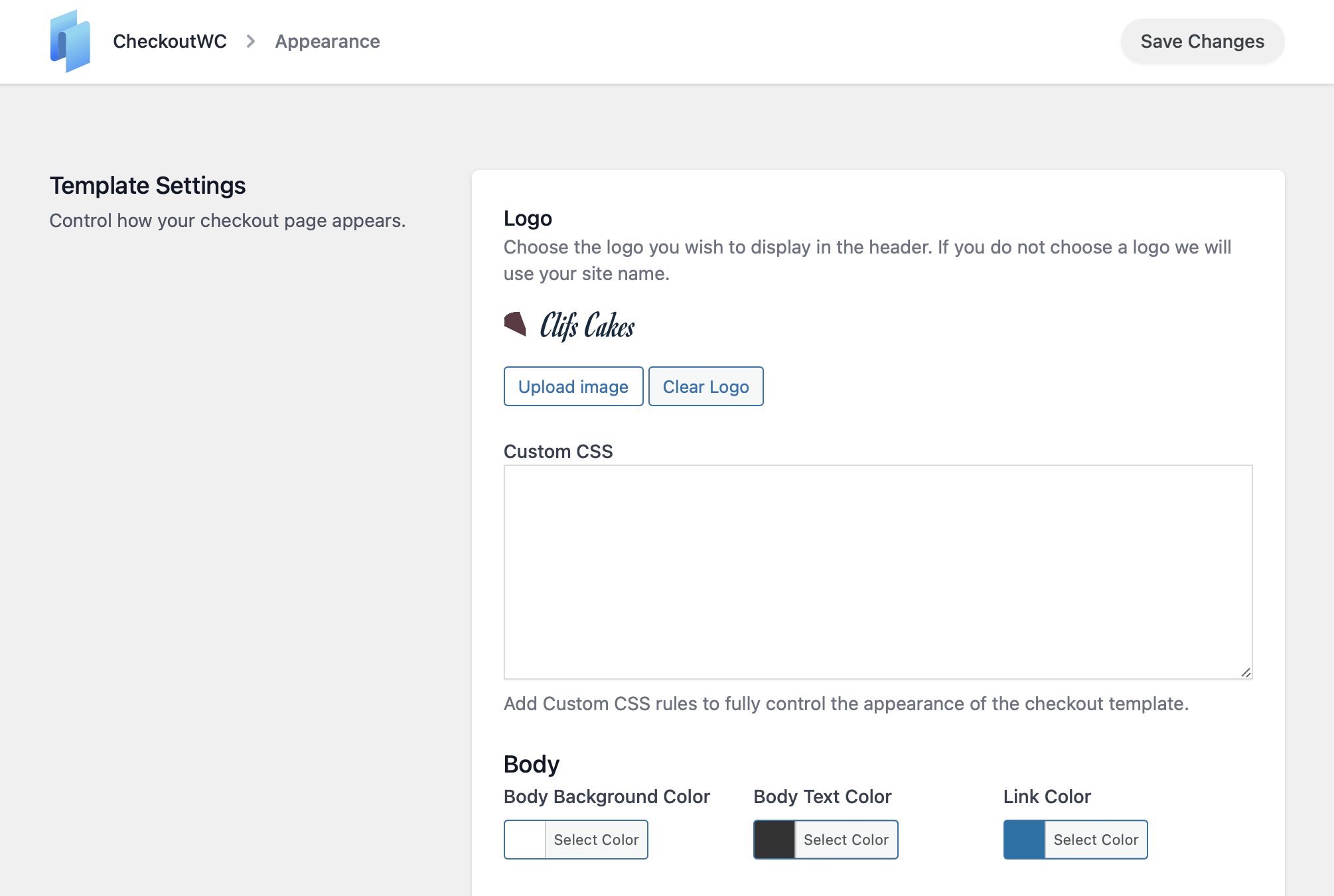 Design settings let you customize your logo, colors, and CSS.