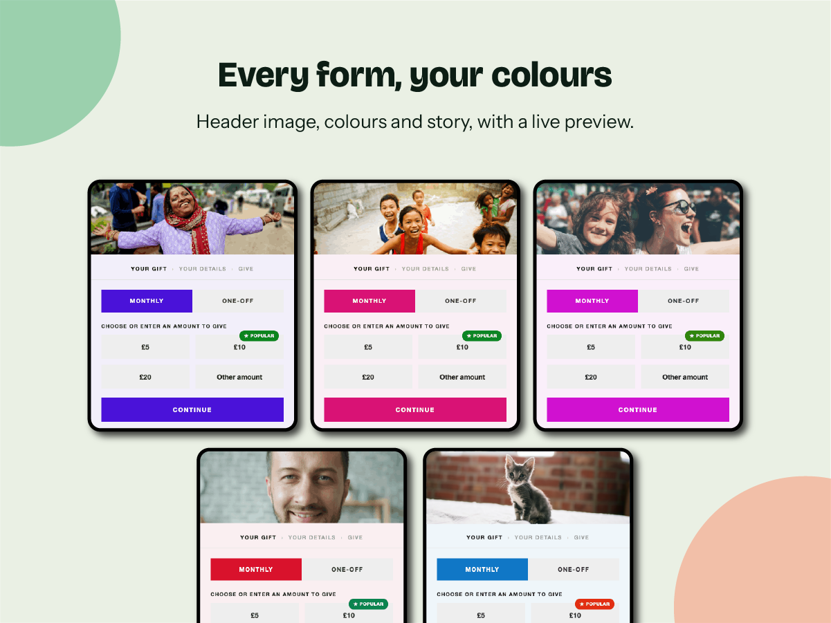 Match every form to your brand: header image, colours and story, with a live preview.