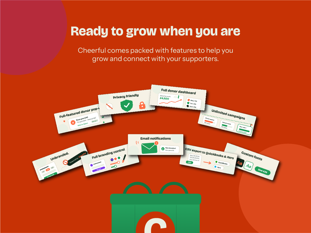 Packed with features and never a fee: donor pop-ups, unlimited campaigns, email notifications, privacy tools, custom fonts and more.