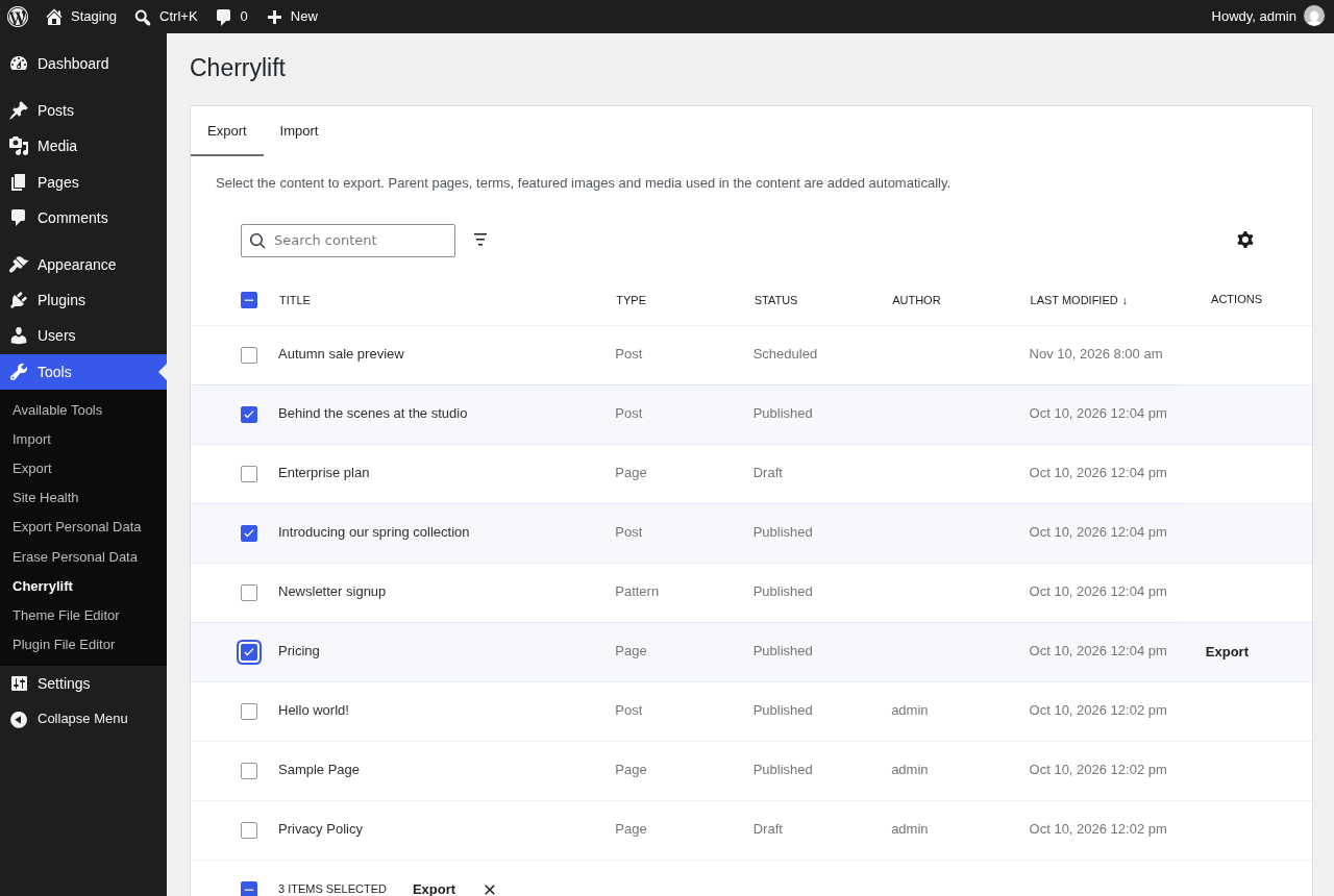 Select the content to export, with search and filters by type and status.
