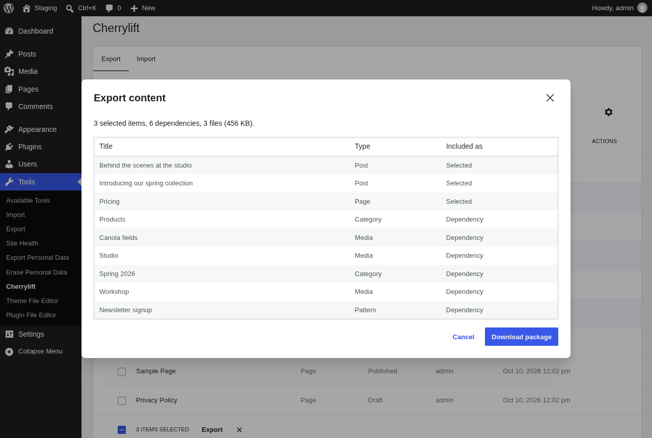 The export preview lists the selected items and every dependency added automatically, with the package size.