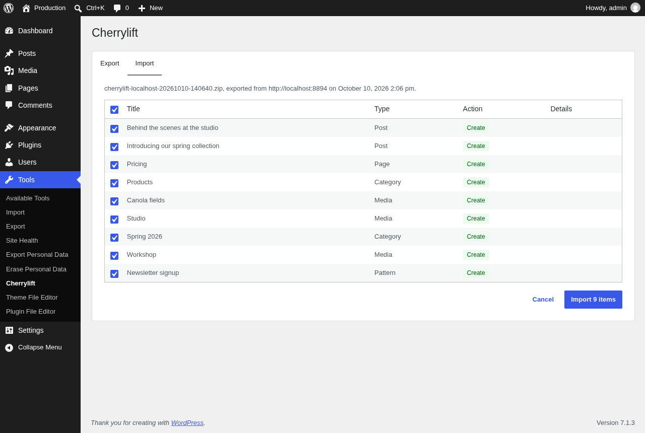 The import preview shows what will be created or updated on this site. Untick anything you want to keep unchanged.