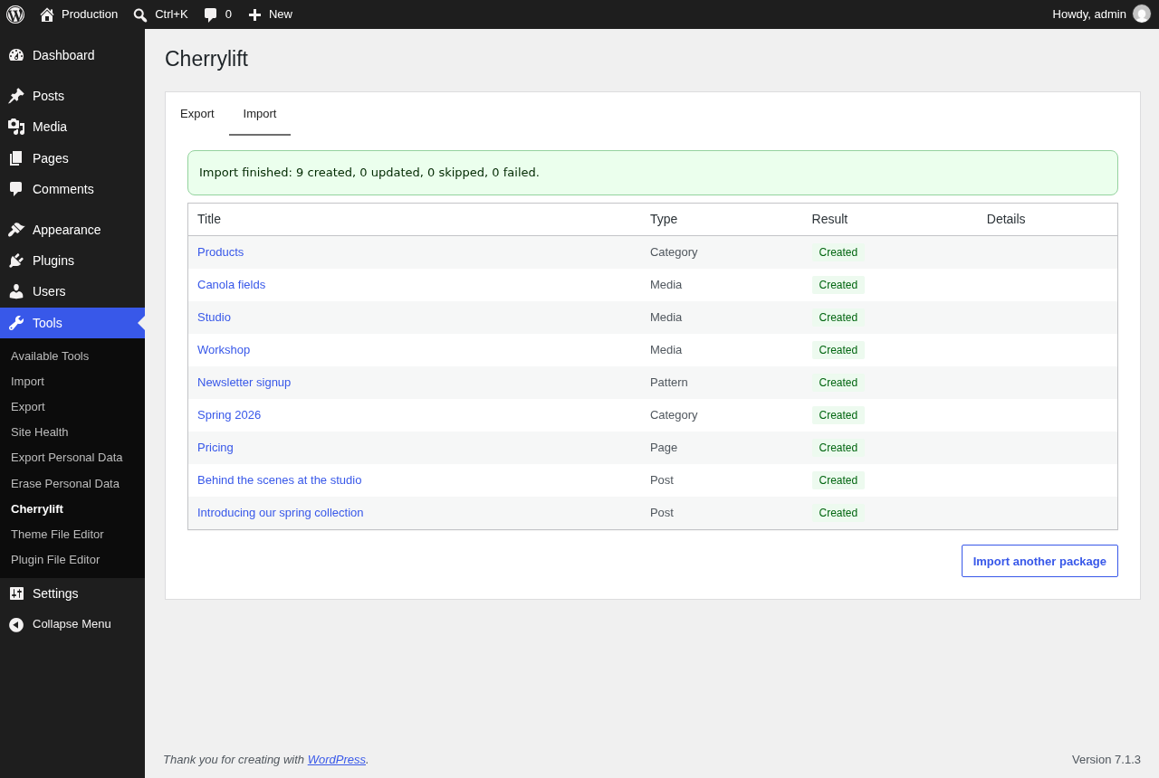 The import report links to every imported item.