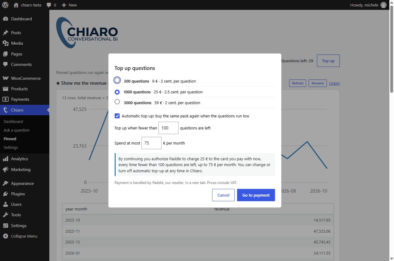Topping up questions: with automatic top-up you see exactly what will be charged, when and up to which monthly limit.