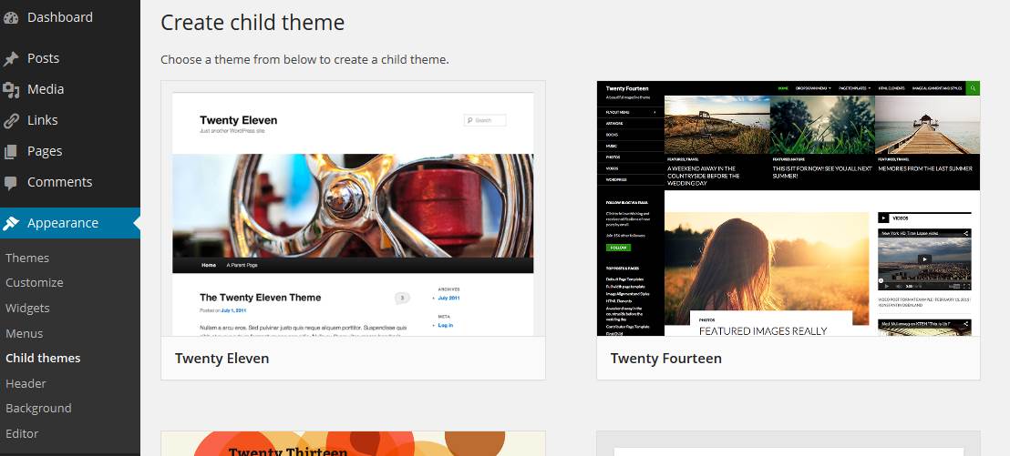 Find "Child themes" in the "Appearance" menu