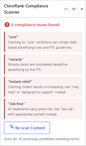 Compliance scanner meta box showing flagged violations in the post editor sidebar