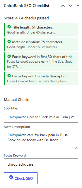 SEO checklist meta box with pass/fail indicators for title, meta, and keyword placement