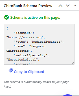 Schema preview meta box with one-click copy to clipboard